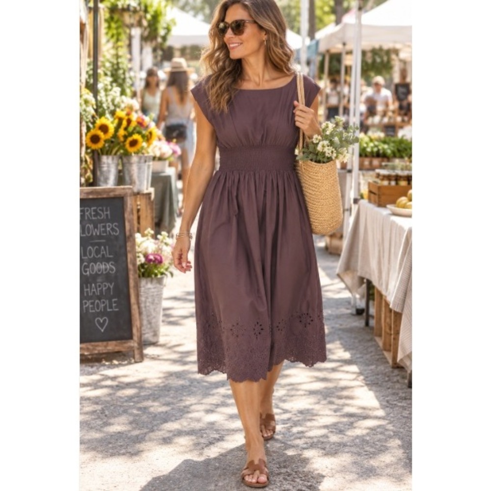J.Crew Smocked Waist Eyelet Hem Midi Dress Warm Brown Size Small Boho Prairie
